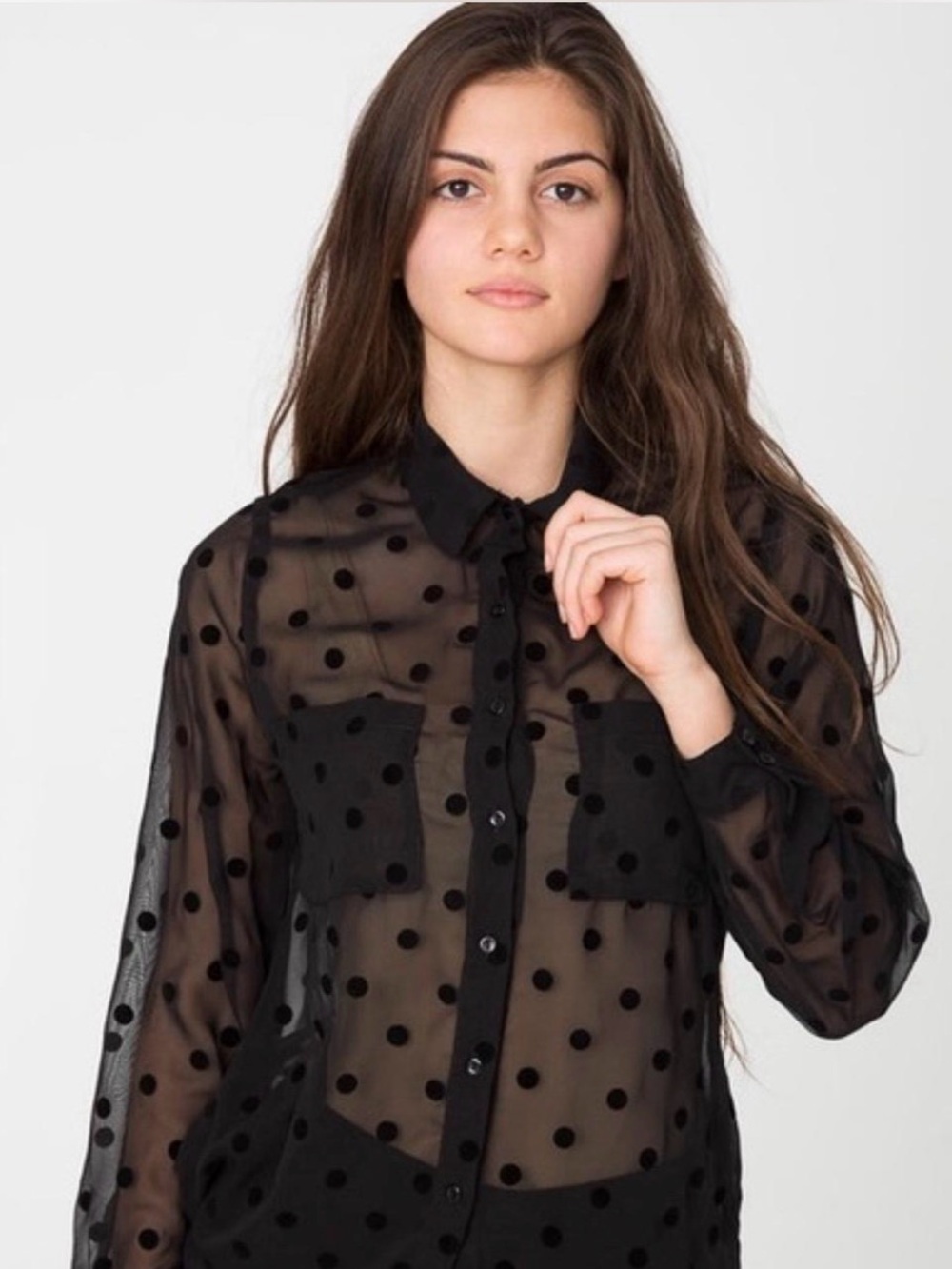 American Apparel Women’s Black Sheer Polka Dot Button-Up Blouse